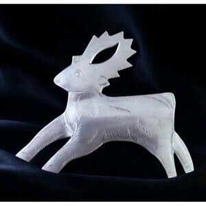 Vintage Reindeer Brooch Pin Silver Tone Etched Moose Minimalist Hand Crafted